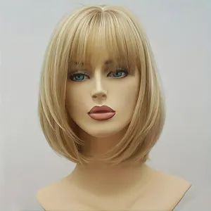 Elegant 12-Inch Blonde Highlight Short Straight Wig With Bangs For Women - 150% Density, Heat Resistant Synthetic Fiber, Beginner Friendly