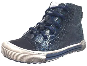 Emel Girl's Navy Metallic Shimmer Sparkle Leather Lace Up Side Zipper High Top Sneaker