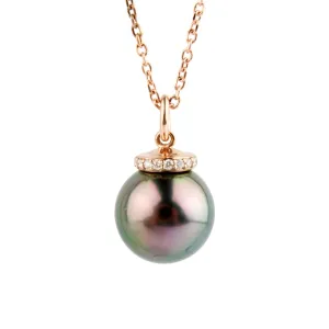 Flashy Aubergine Peacock Tahitian Pearl & Diamond Halo Necklace on 14K Rose Gold