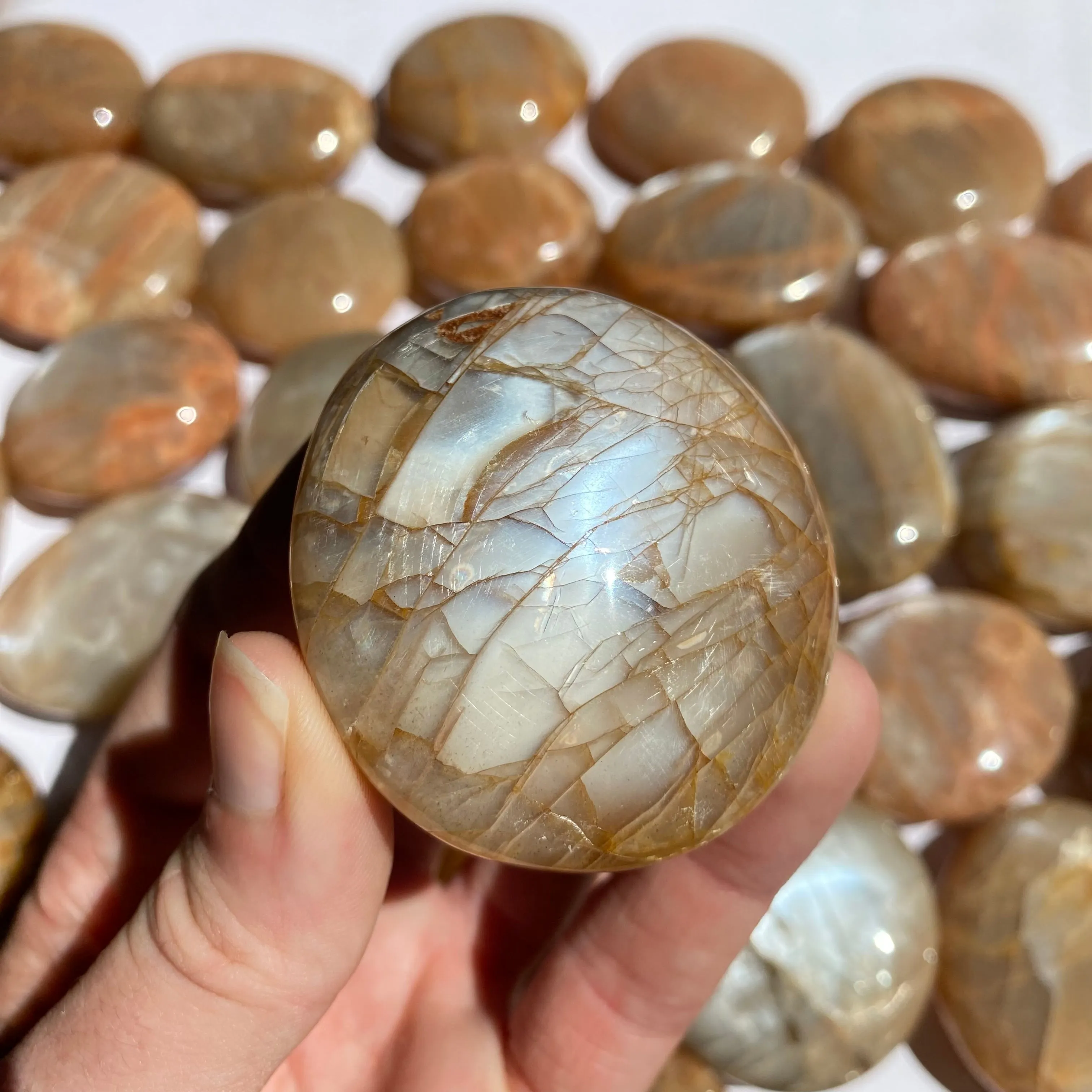 Flashy Peach Moonstone Palm Stone