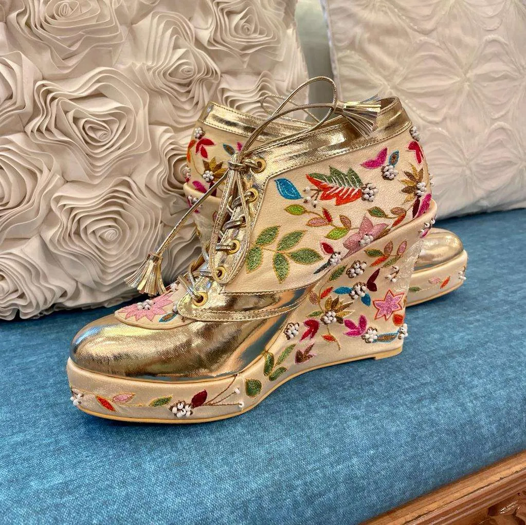 Floral Gold Bridal Sneaker Wedges - Customized Wedding Shoes