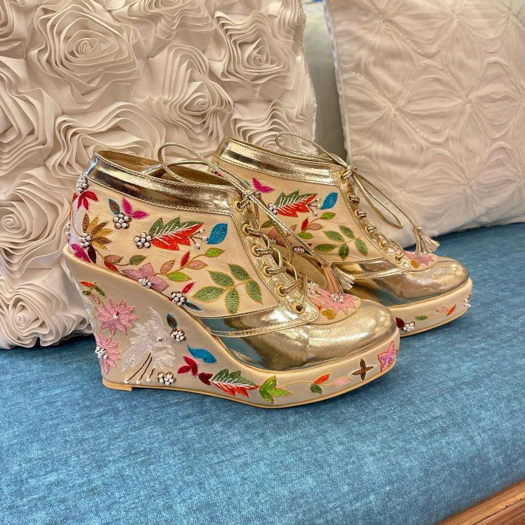 Floral Gold Bridal Sneaker Wedges - Customized Wedding Shoes