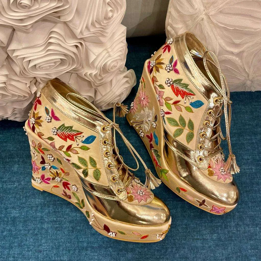 Floral Gold Bridal Sneaker Wedges - Customized Wedding Shoes