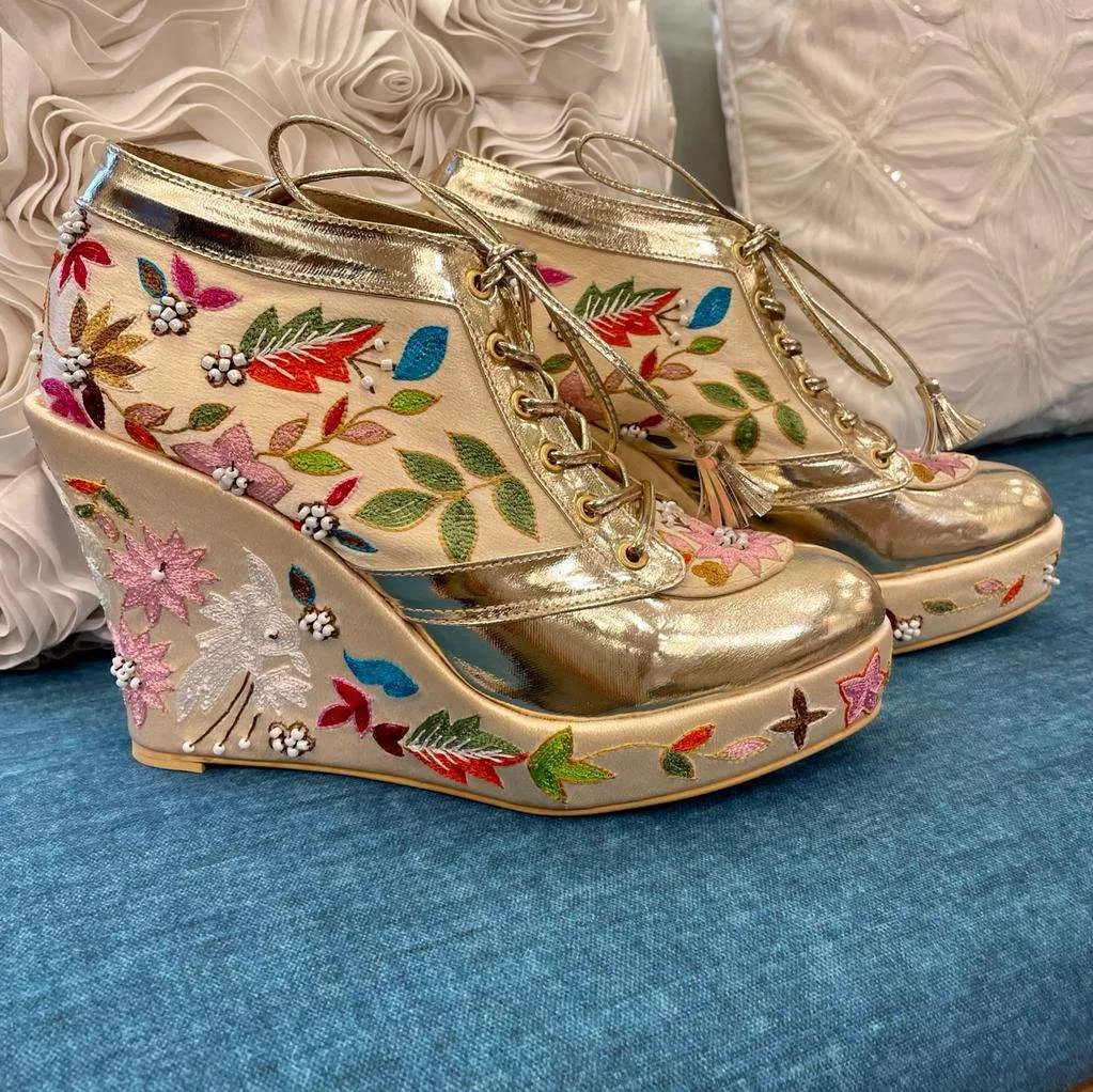 Floral Gold Bridal Sneaker Wedges - Customized Wedding Shoes