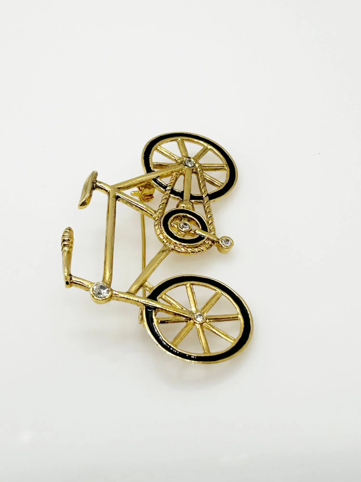 Gold and Black Bicycle Brooch with Clear Rhinestones