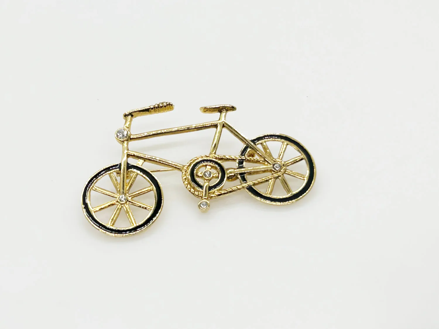 Gold and Black Bicycle Brooch with Clear Rhinestones