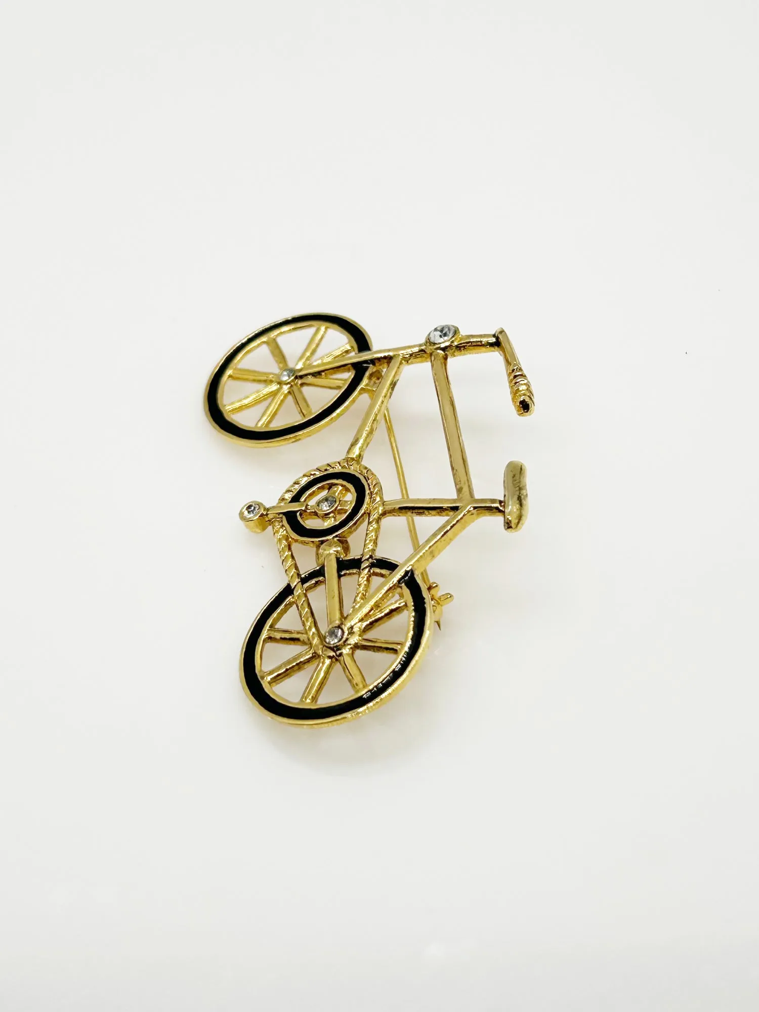 Gold and Black Bicycle Brooch with Clear Rhinestones