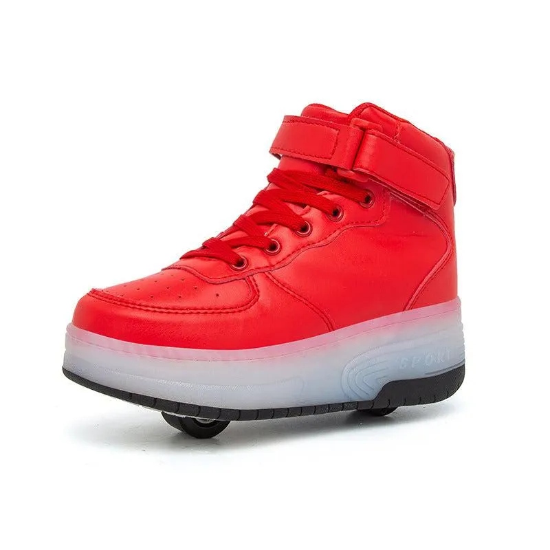 High Top Silver, Red Stylish Led Roller Shoes | Roller High Top Light Up Sneakers For Kids