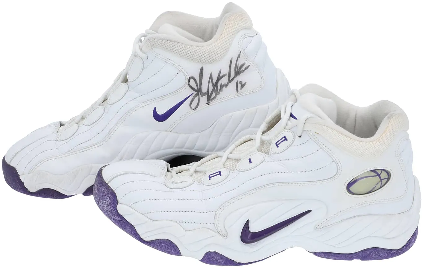 John Stockton Twice Signed Game Used Utah Jazz 1997-98 Nike Sneakers BAS Mears