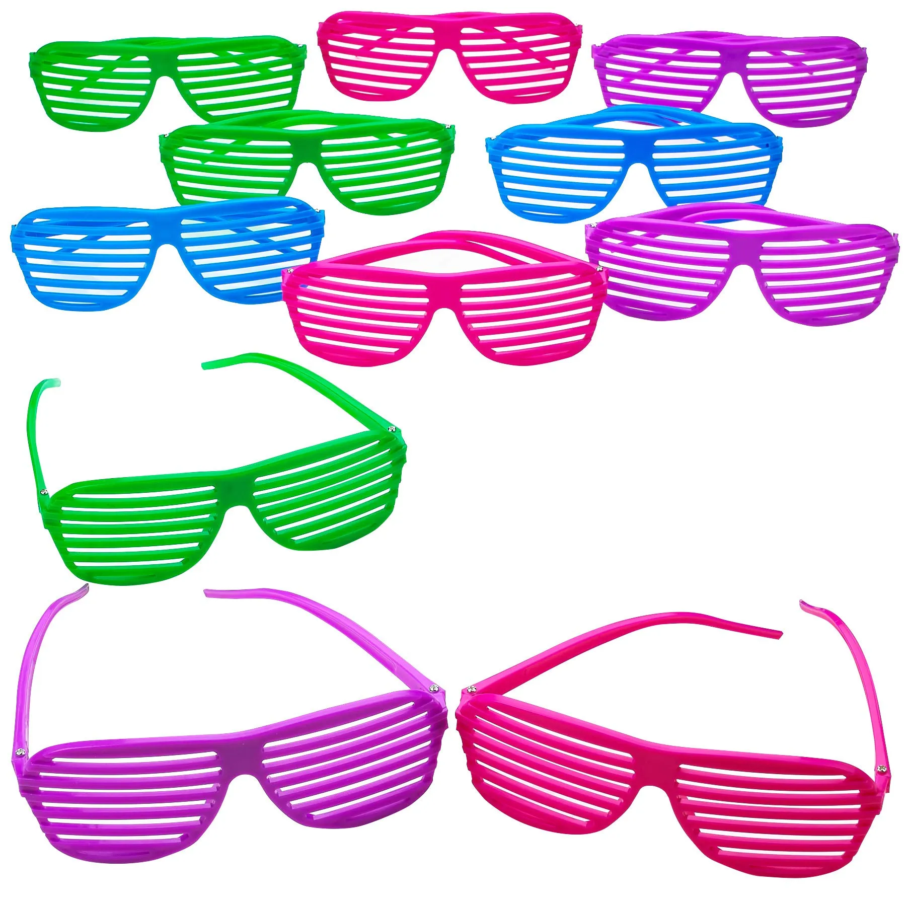 Kicko Neon Shutter Glasses - 12 Pack 80s Style Unisex No Lens Aviators in Assorted