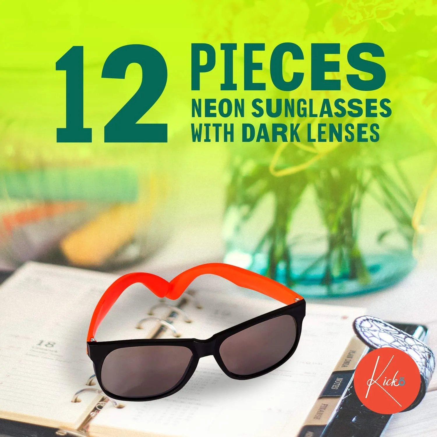 Kicko Neon Sunglasses with Dark Lenses - 12 Pack 80s Style Unisex Aviators in Assorted