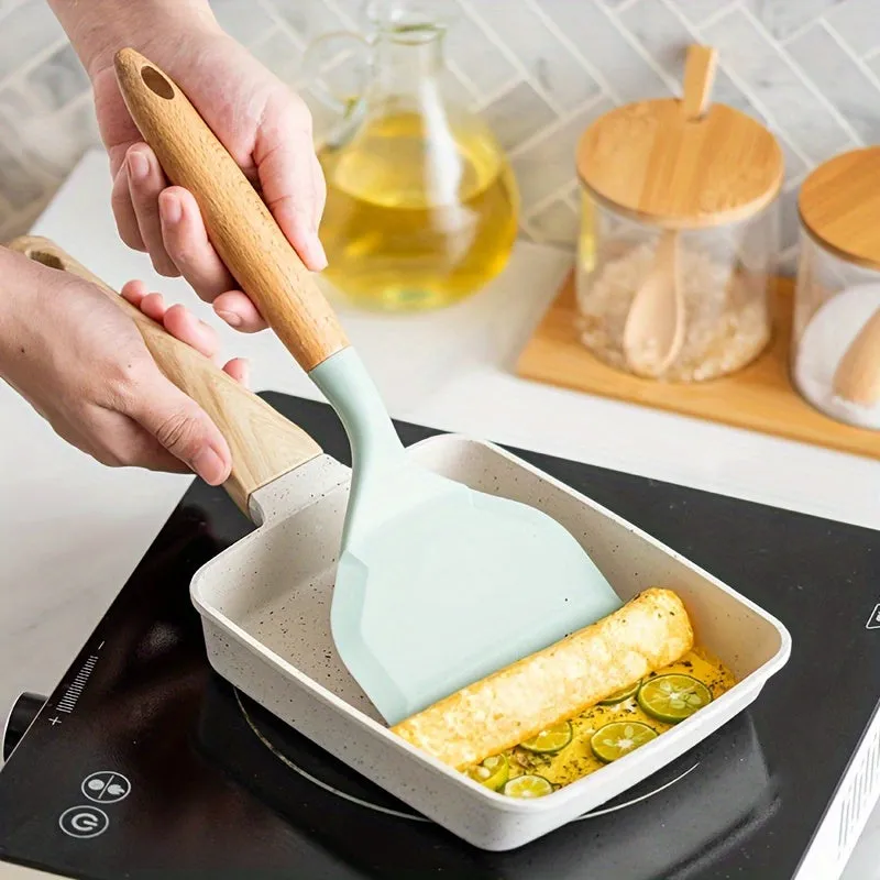 kkboxly 1pc Premium Wide Silicone Spatula - Durable Japanese Tamagoyaki Turner with Ergonomic Wooden Handle, Non-Stick and Heat-Resistant, Essential Kitchen Gadget for Flipping and Cooking