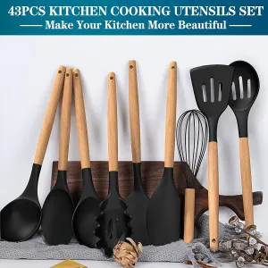 kkboxly 43pcs/set, Silicone Cooking Utensils Set, Non-Stick Heat Resistant Kitchen Utensils Spatula Set With Wooden Handle For Baking, Cooking, And Mixing, Best Kitchen Gadgets Tools With Holder, Kitchen Stuff