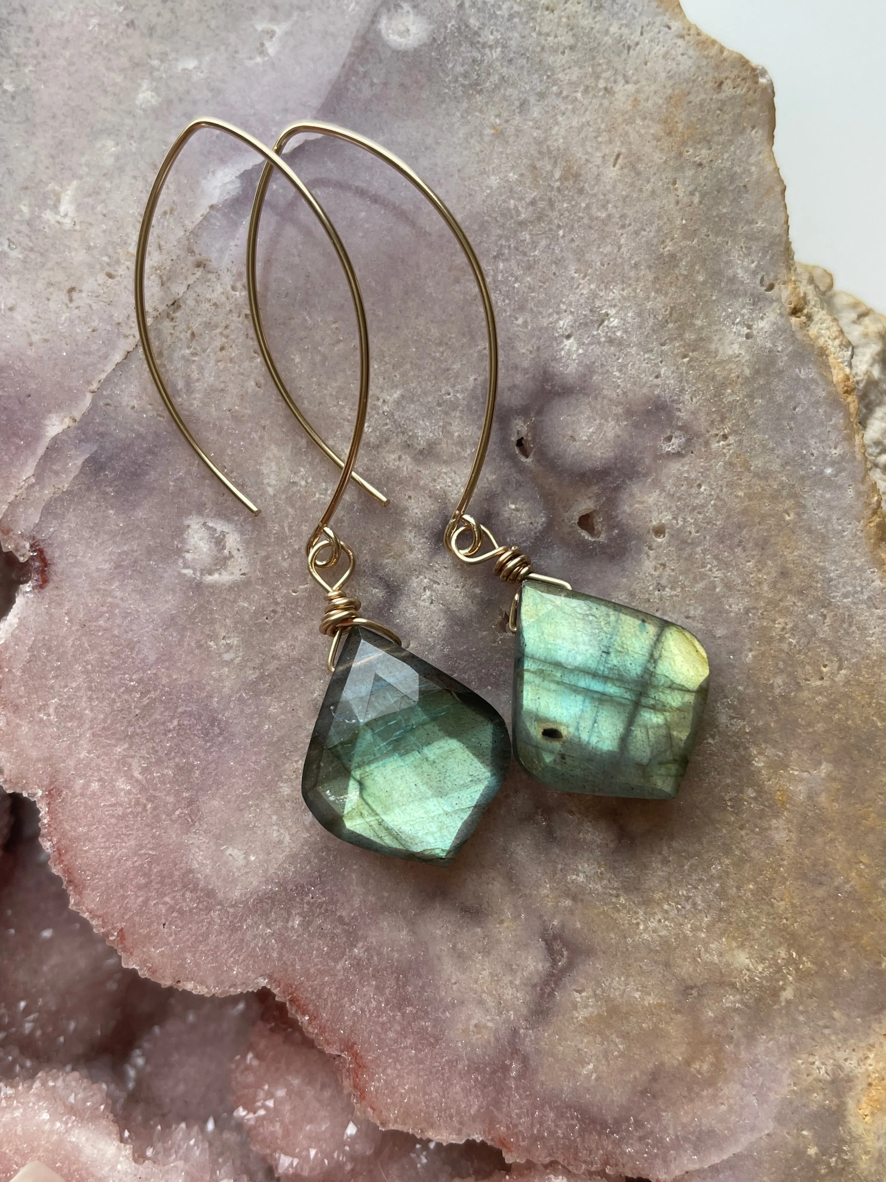 Long Labradorite Dangle Earrings Sterling Silver or Gold Filled