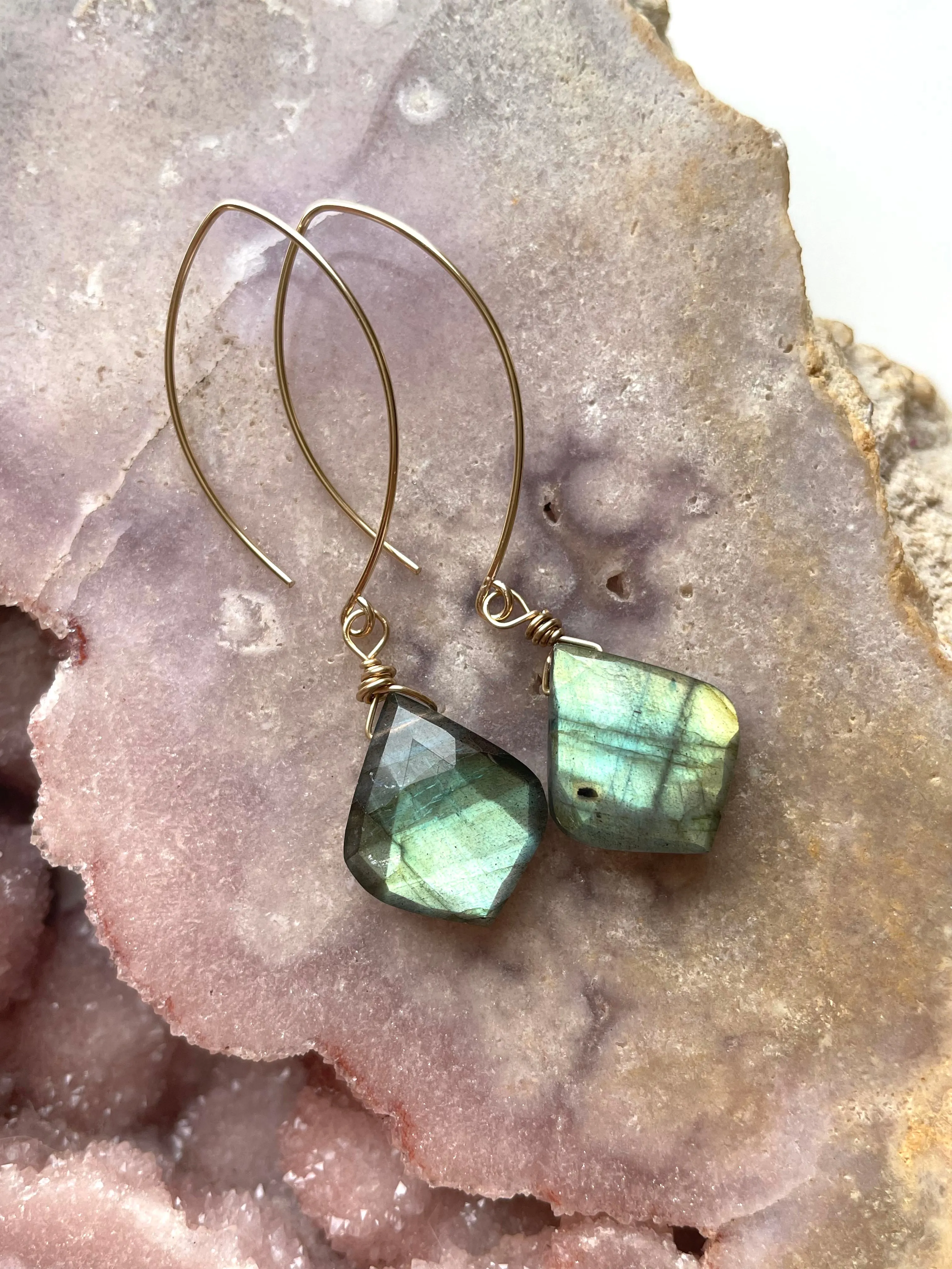 Long Labradorite Dangle Earrings Sterling Silver or Gold Filled