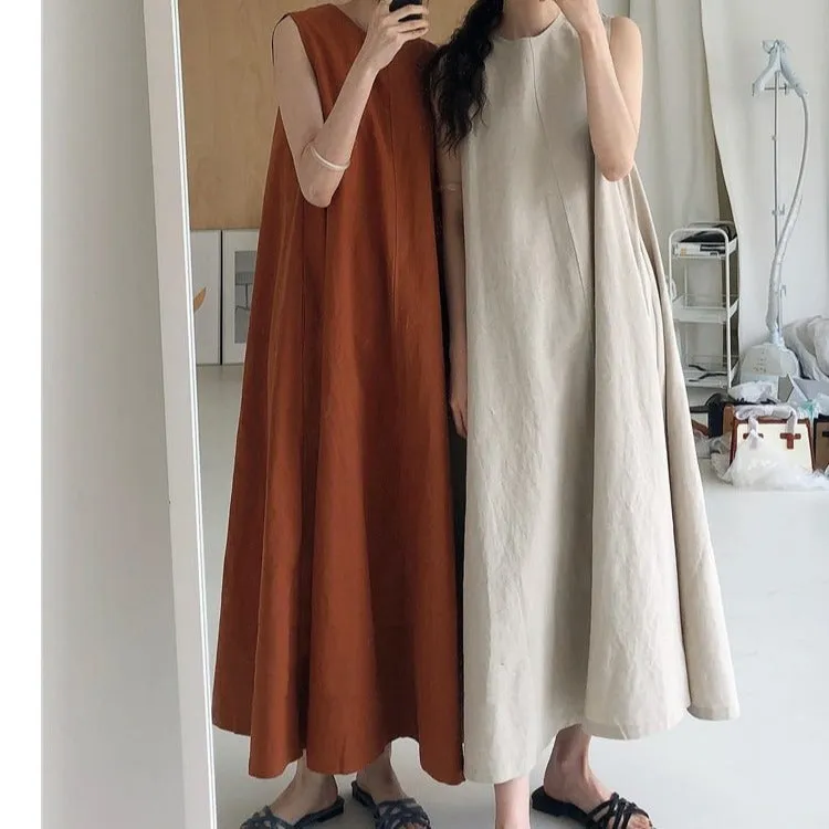 Long Loose Sleeveless  Cotton  Linen Dress