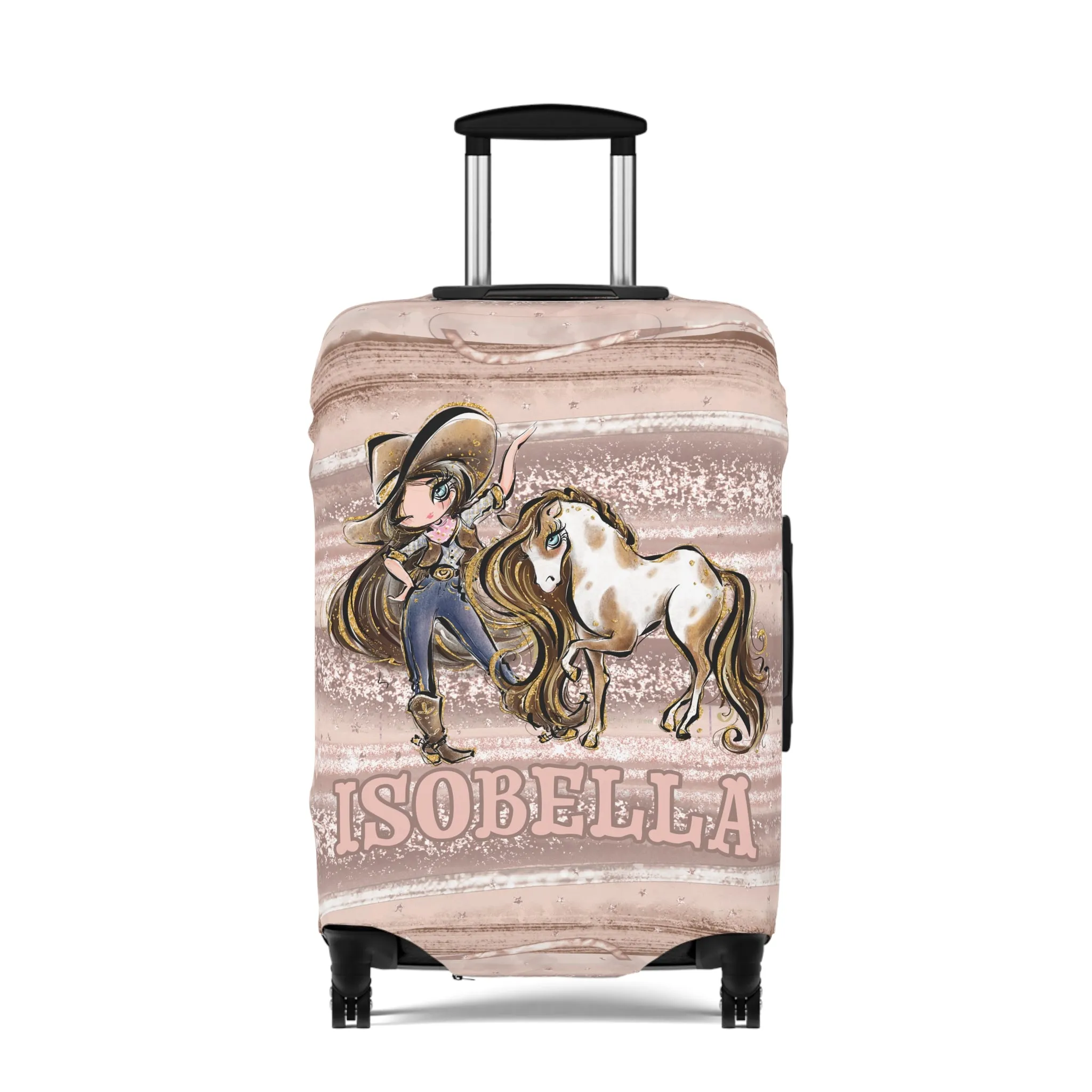 Luggage Cover, Howdy Cowgirl and Horse, Brunette Hair Blue Eyes