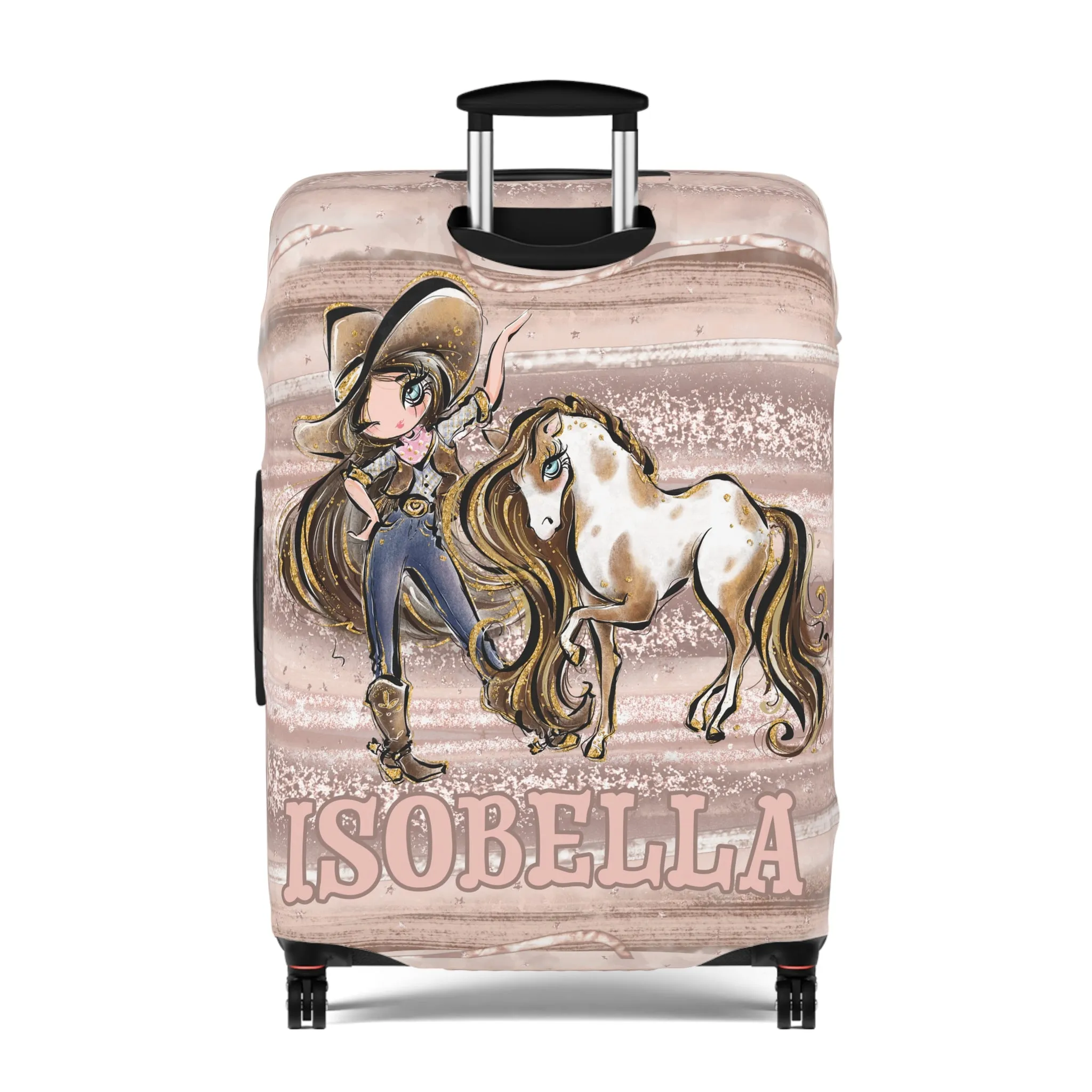 Luggage Cover, Howdy Cowgirl and Horse, Brunette Hair Blue Eyes