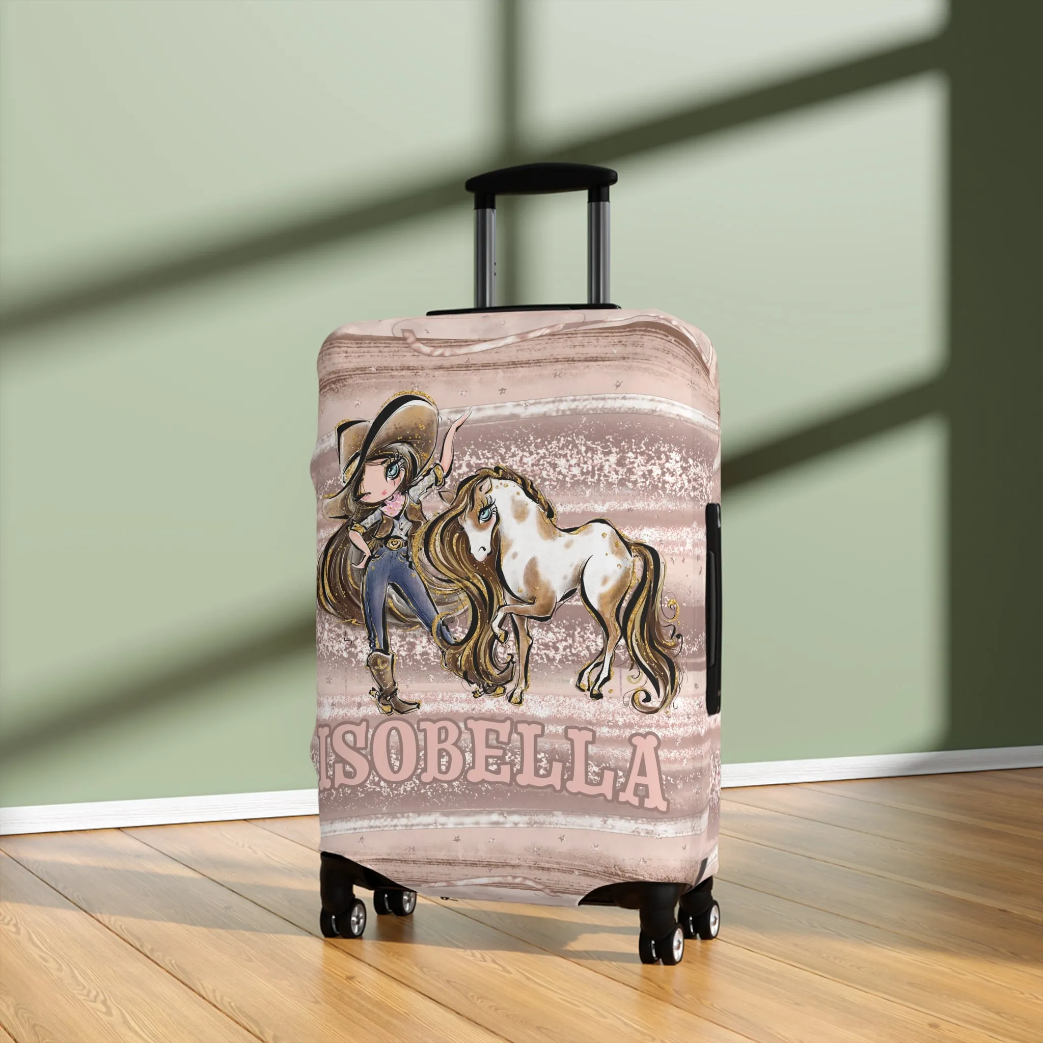 Luggage Cover, Howdy Cowgirl and Horse, Brunette Hair Blue Eyes