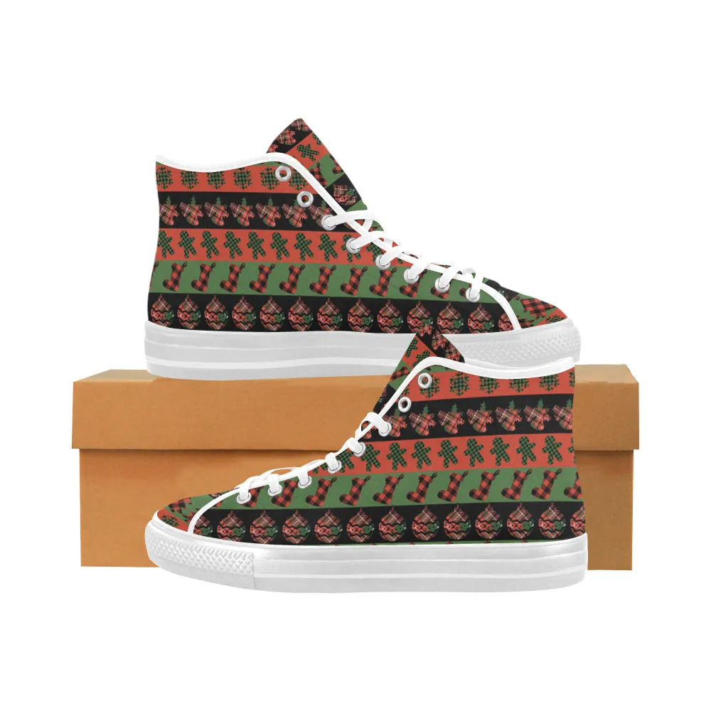 Men's Christmas Plaids Print Canvas High Top Shoes (White)