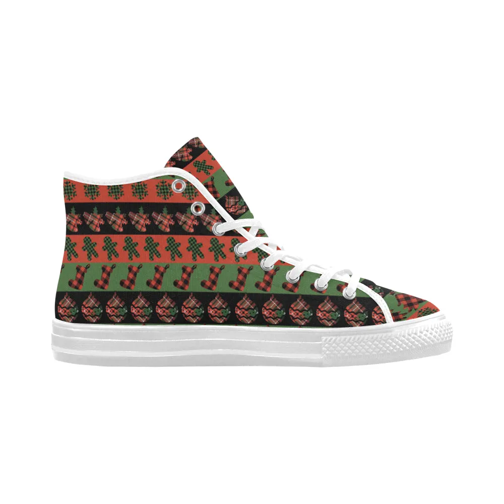 Men's Christmas Plaids Print Canvas High Top Shoes (White)