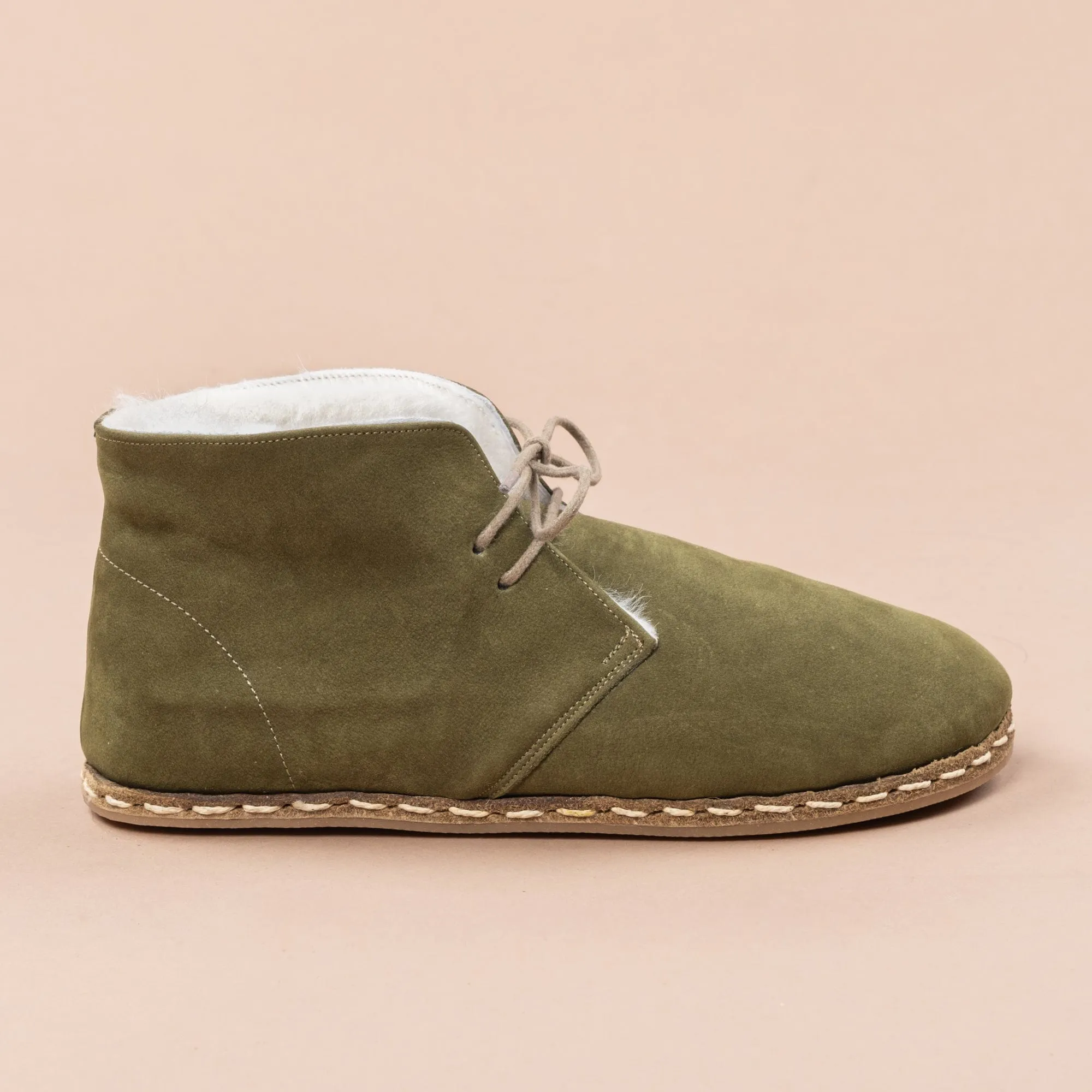 Men's Olive Barefoot Oxford Boots with Fur