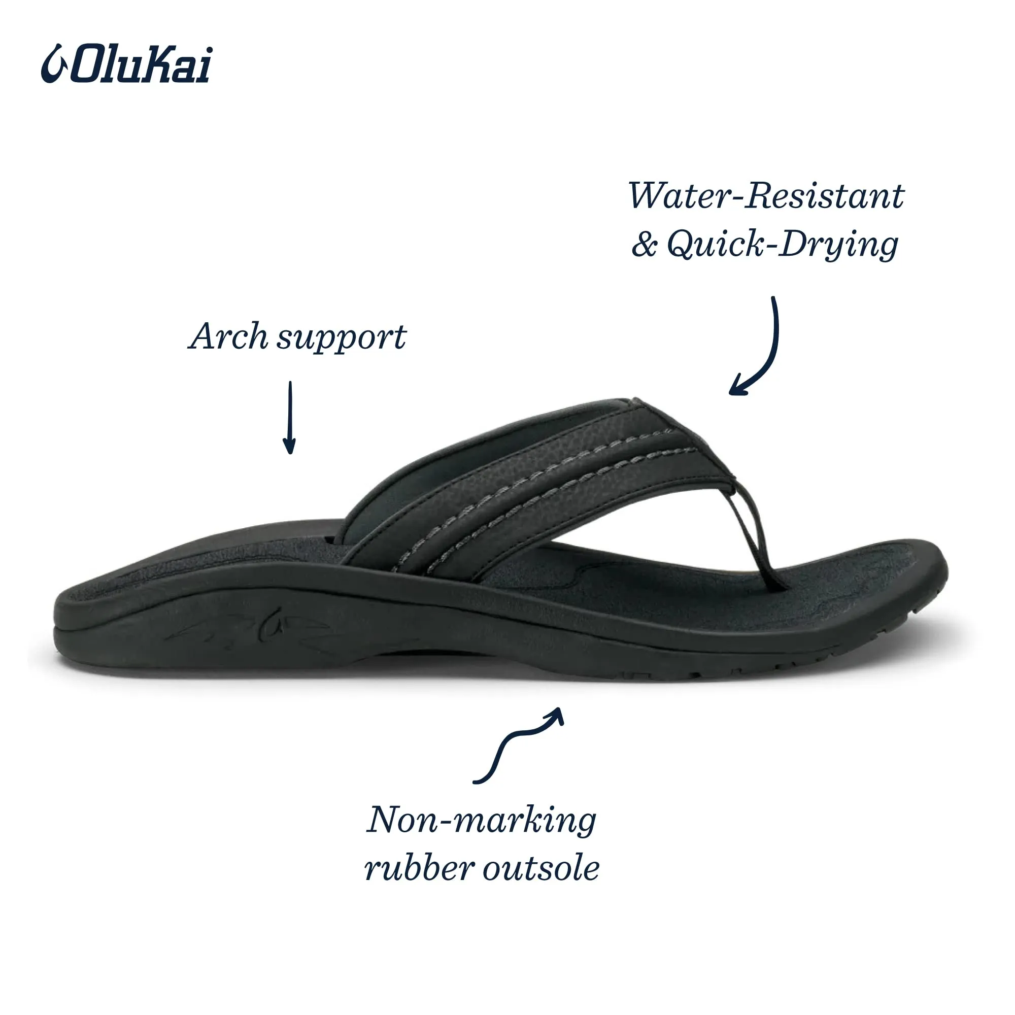 Men's Shoes OluKai HOKUA Water Resistant Flip Flop Sandals 10161-4042 BLACK