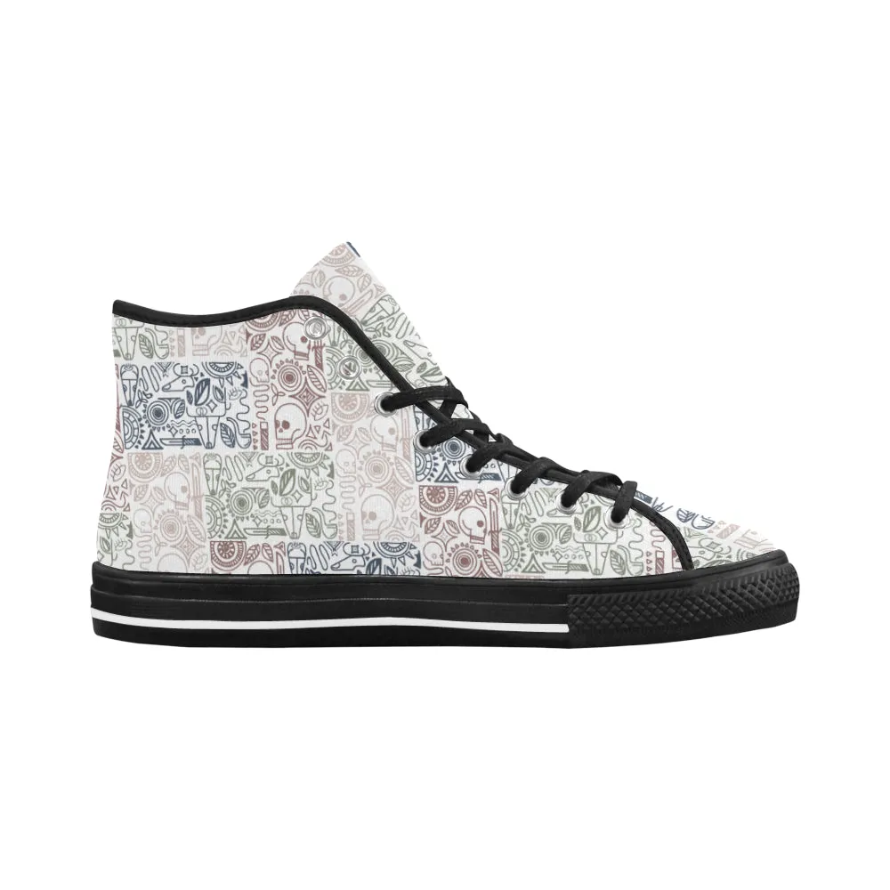 Men's White Skull Doodle Print Canvas High Top Shoes