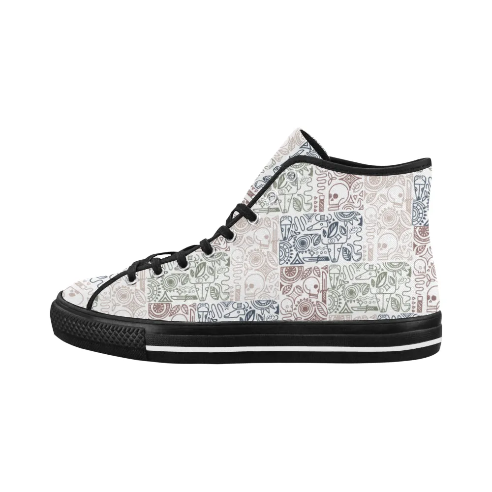 Men's White Skull Doodle Print Canvas High Top Shoes