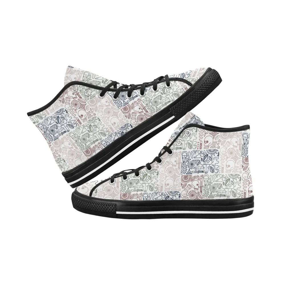 Men's White Skull Doodle Print Canvas High Top Shoes