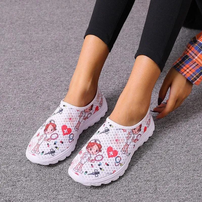 Nurse Doctor Print Women Sneakers Slip on Light Mesh Casual Shoes Summer Breathable Flats