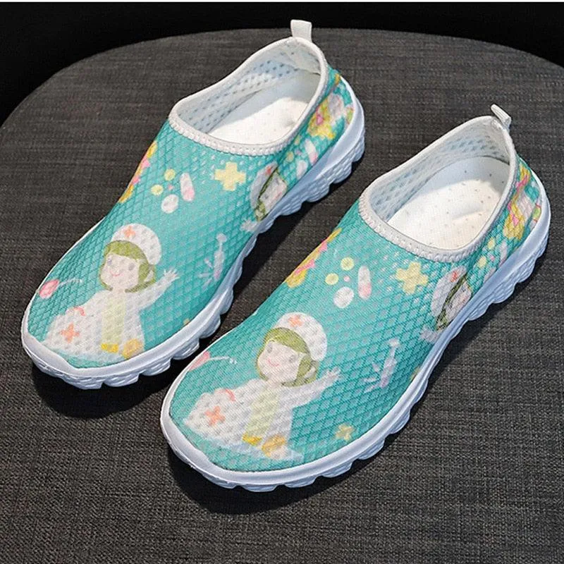 Nurse Doctor Print Women Sneakers Slip on Light Mesh Casual Shoes Summer Breathable Flats