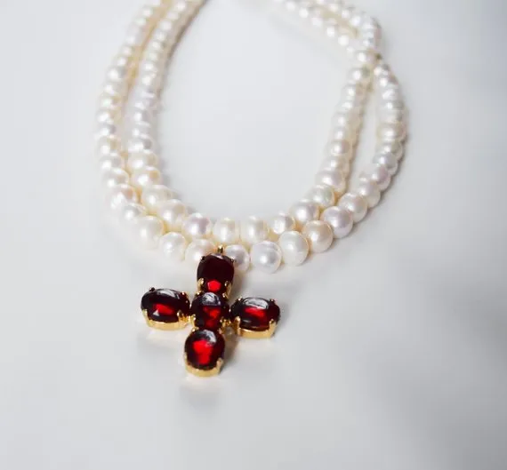 Pearl and Garnet Cross Necklace