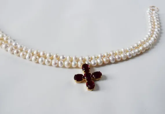 Pearl and Garnet Cross Necklace