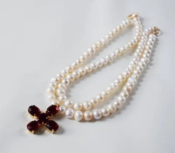 Pearl and Garnet Cross Necklace