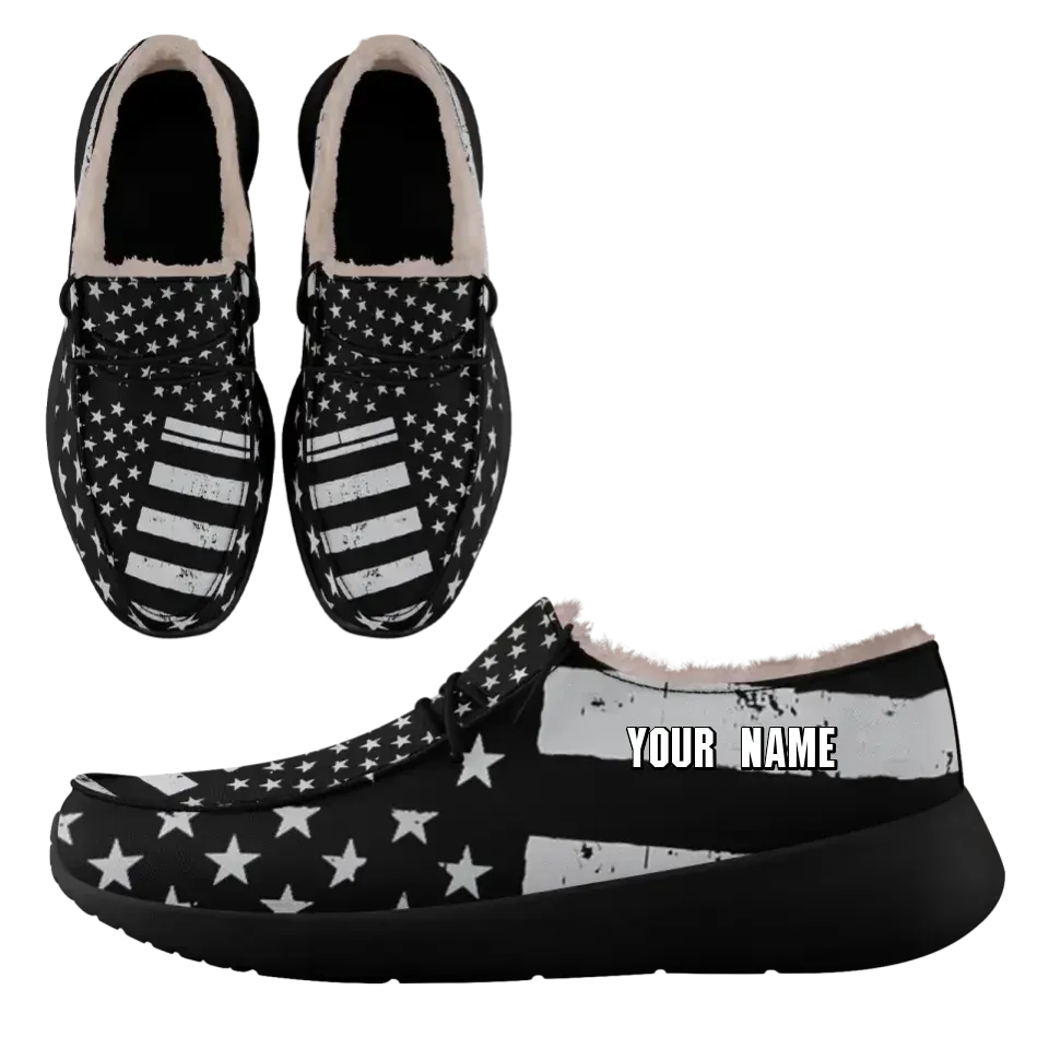 Personalized USA Flag Sneakers, Custom Stars and Stripes Loafer Shoes, Fur Lining Shoe, Pride in Comfort,FN042-24020304-6b