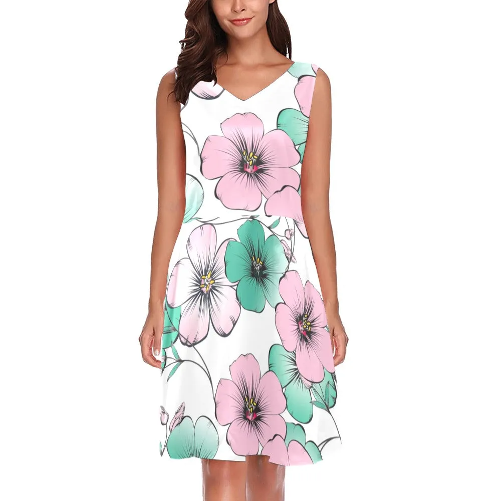 pink green floral mj shoes Chryseis Sleeveless Pleated Dress(Model D07)