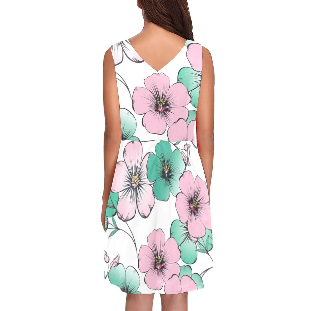 pink green floral mj shoes Chryseis Sleeveless Pleated Dress(Model D07)