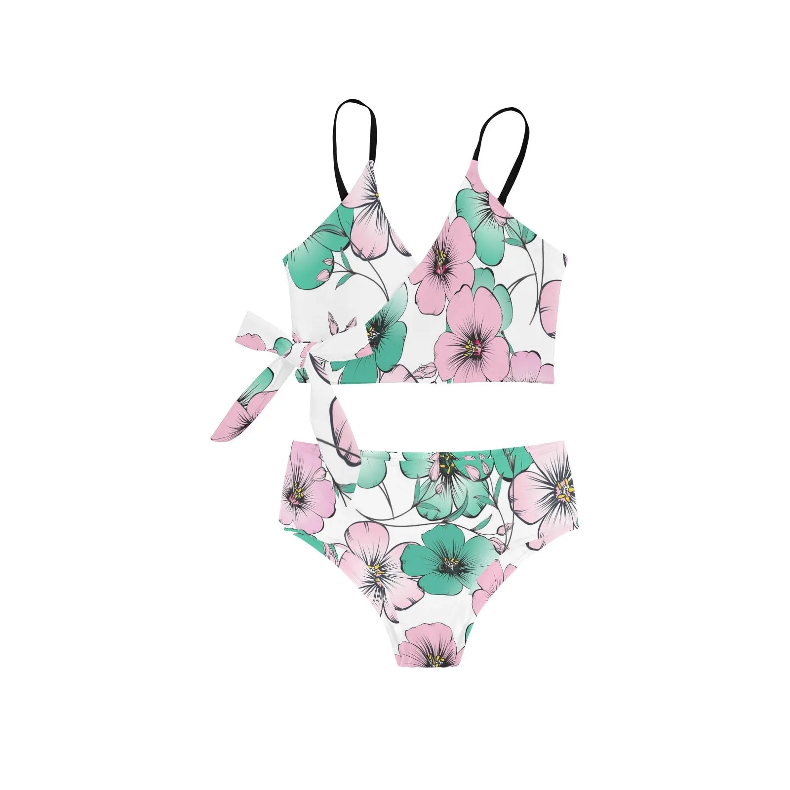 pink green floral mj shoes Knot Side Bikini Swimsuit (Model S37)