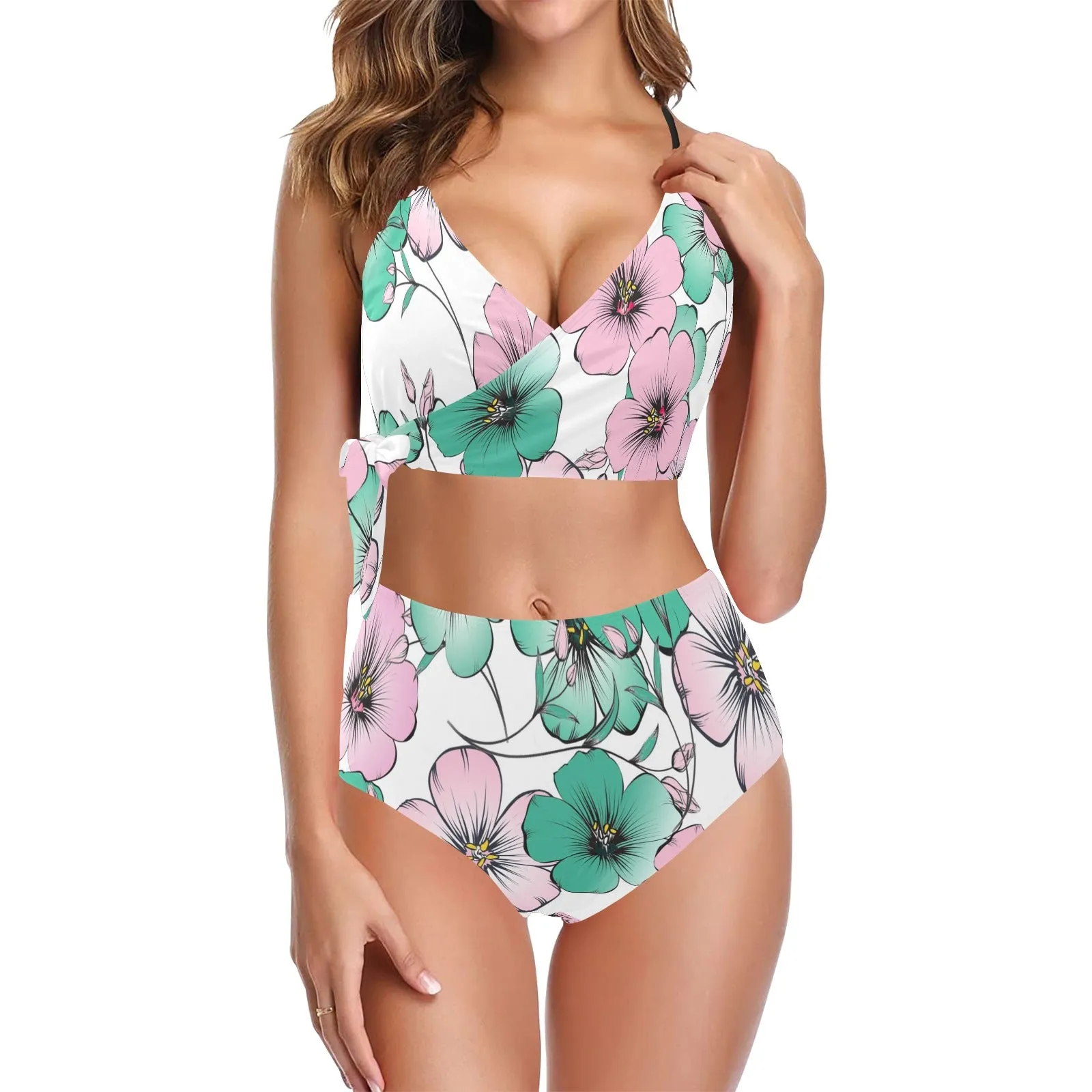 pink green floral mj shoes Knot Side Bikini Swimsuit (Model S37)