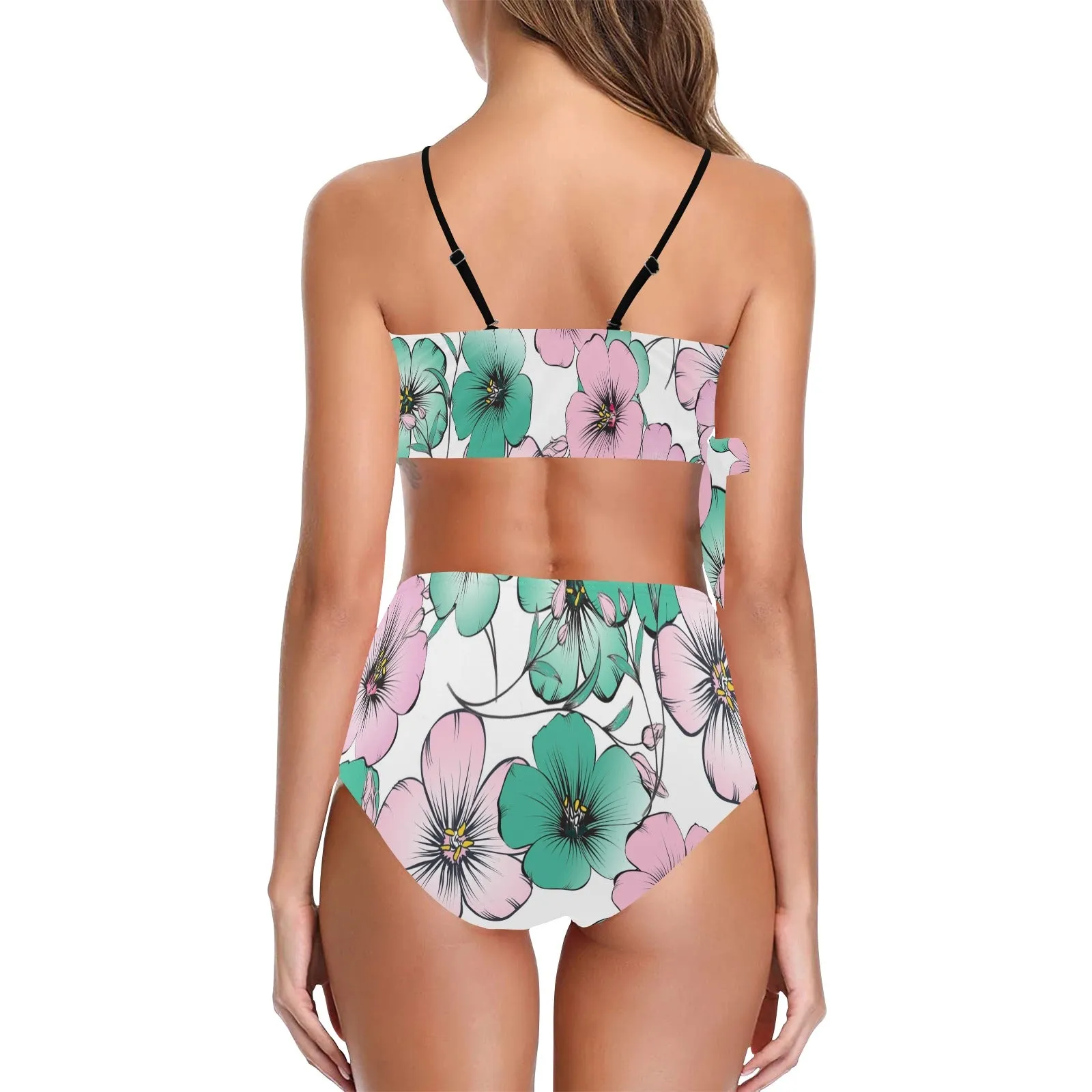 pink green floral mj shoes Knot Side Bikini Swimsuit (Model S37)