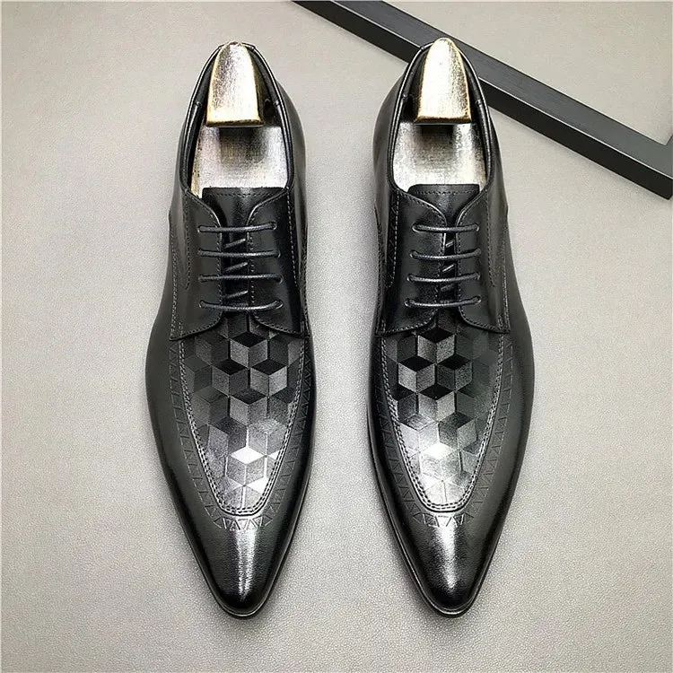 Pointed Toe Checkered Pattern Leather Shoes