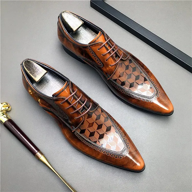 Pointed Toe Checkered Pattern Leather Shoes