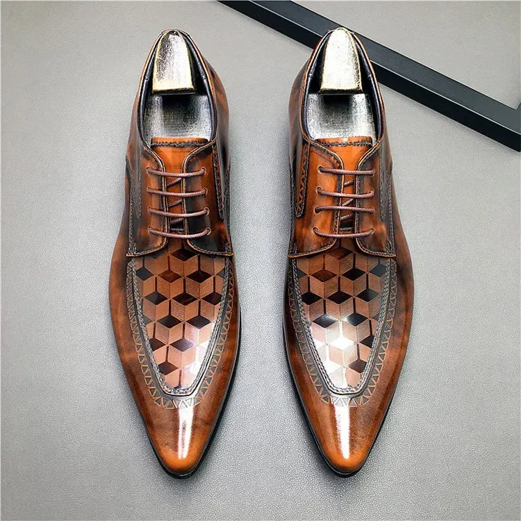 Pointed Toe Checkered Pattern Leather Shoes