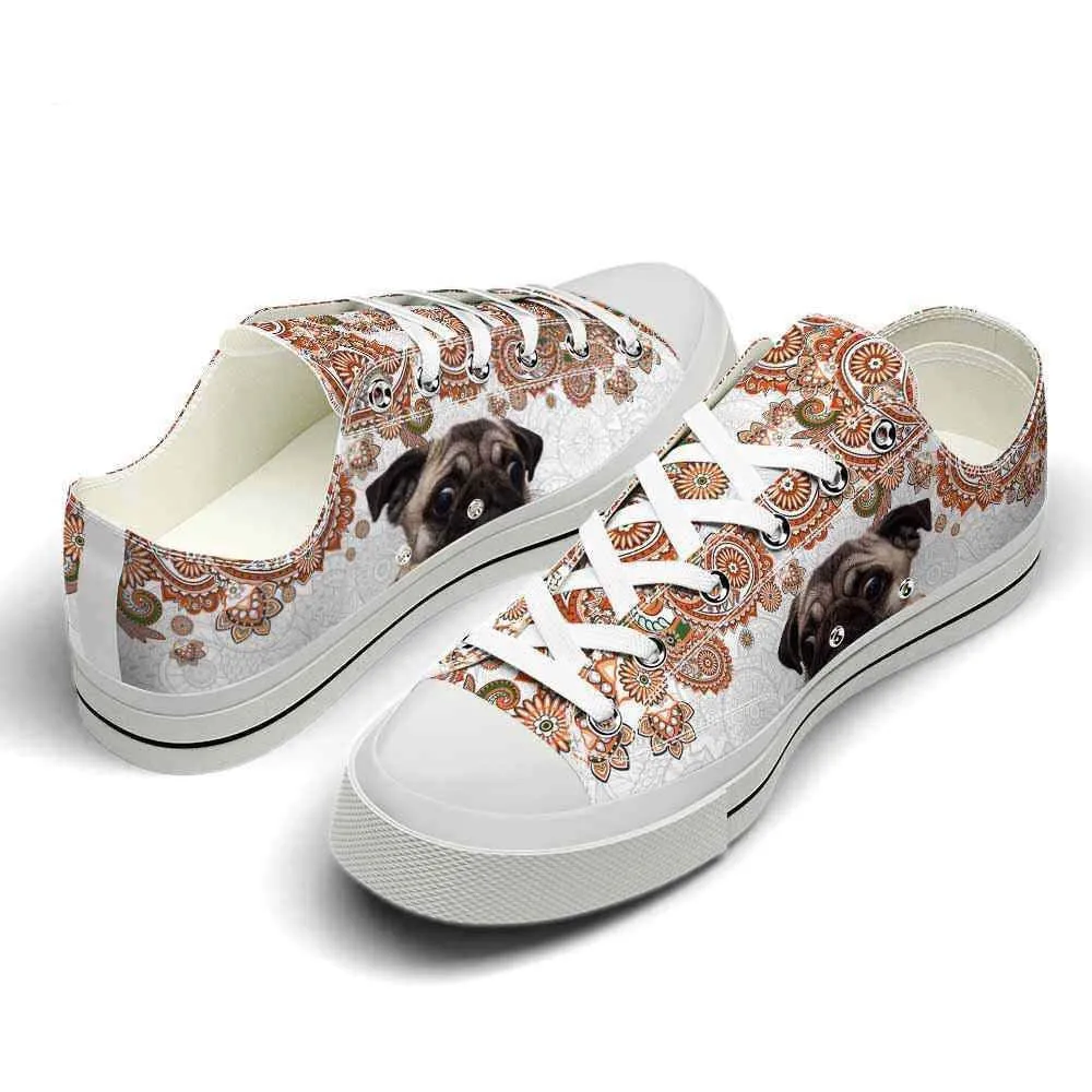 Pug Orange Mandala Low Top Shoes - Happy International Dog Day Canvas Sneaker, Dog Printed Shoes, Canvas Shoes For Men, Women