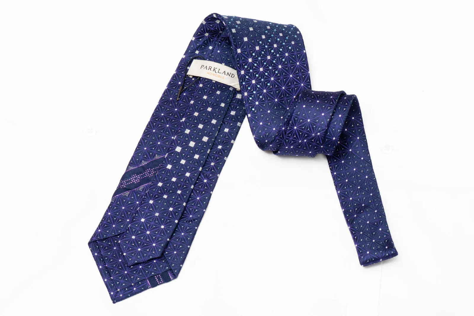 Purple Trellis On Navy Rhinestone Silk Tie With Silver Sparkles