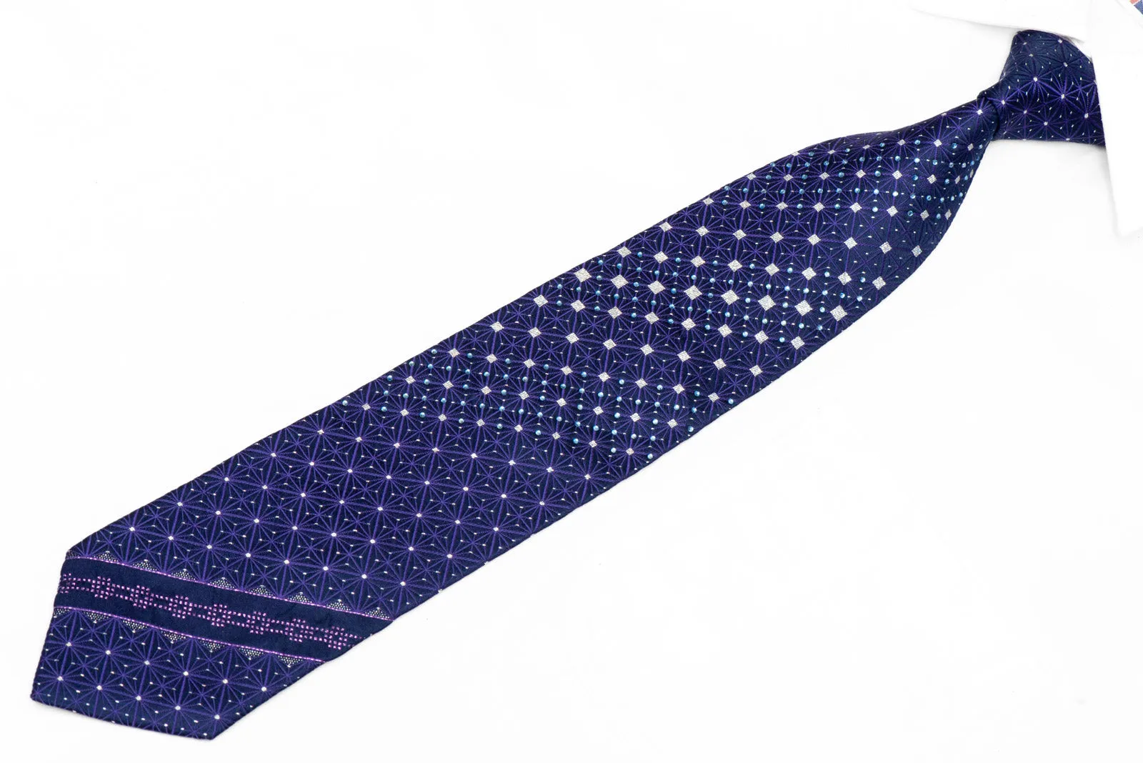 Purple Trellis On Navy Rhinestone Silk Tie With Silver Sparkles