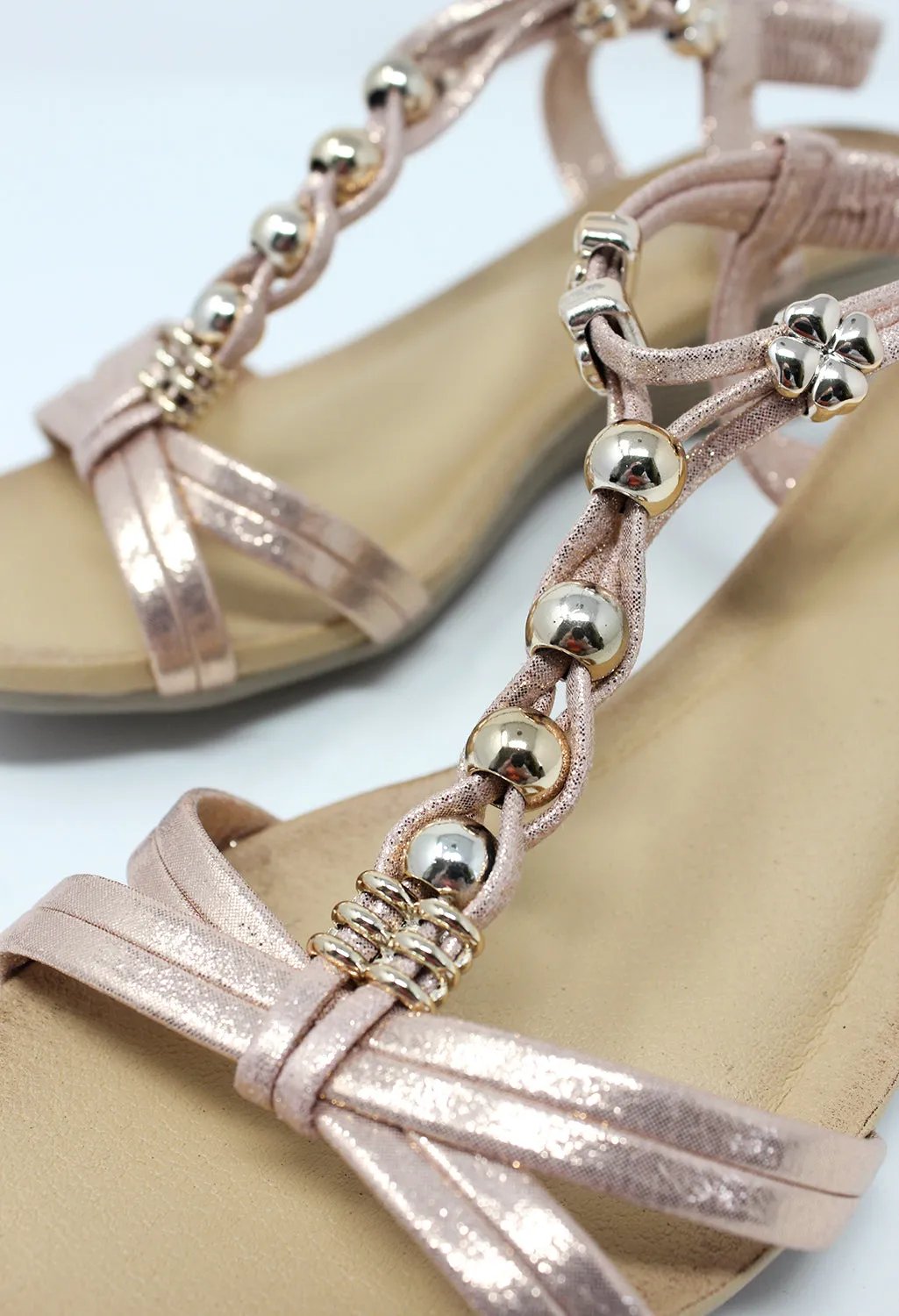 Rose Gold Mid Wedge T Strap Sandal