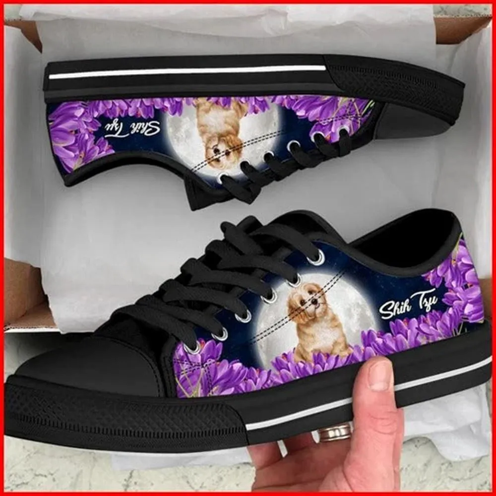 Shih Tzu Purple Flower Canvas Low Top Shoes - Low Top Shoes Mens, Women, Dog Printed Shoes, Canvas Shoes For Men, Women