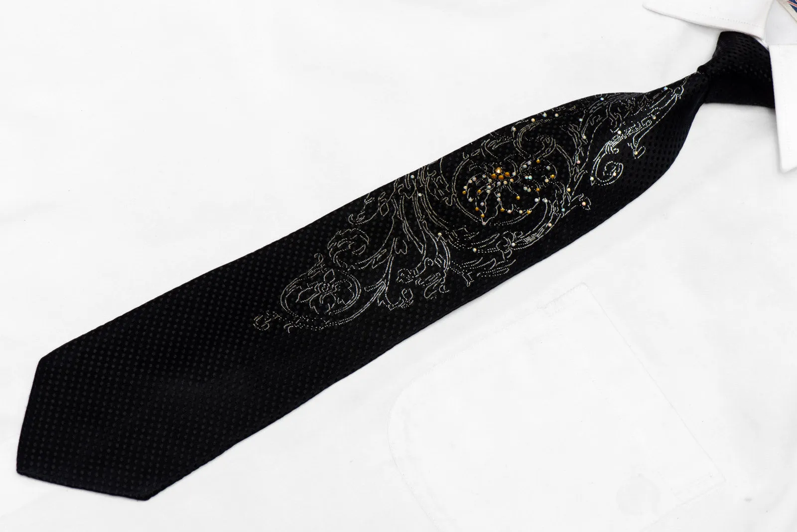 Silver Acanthus On Black Rhinestone Silk Tie With Sparkles